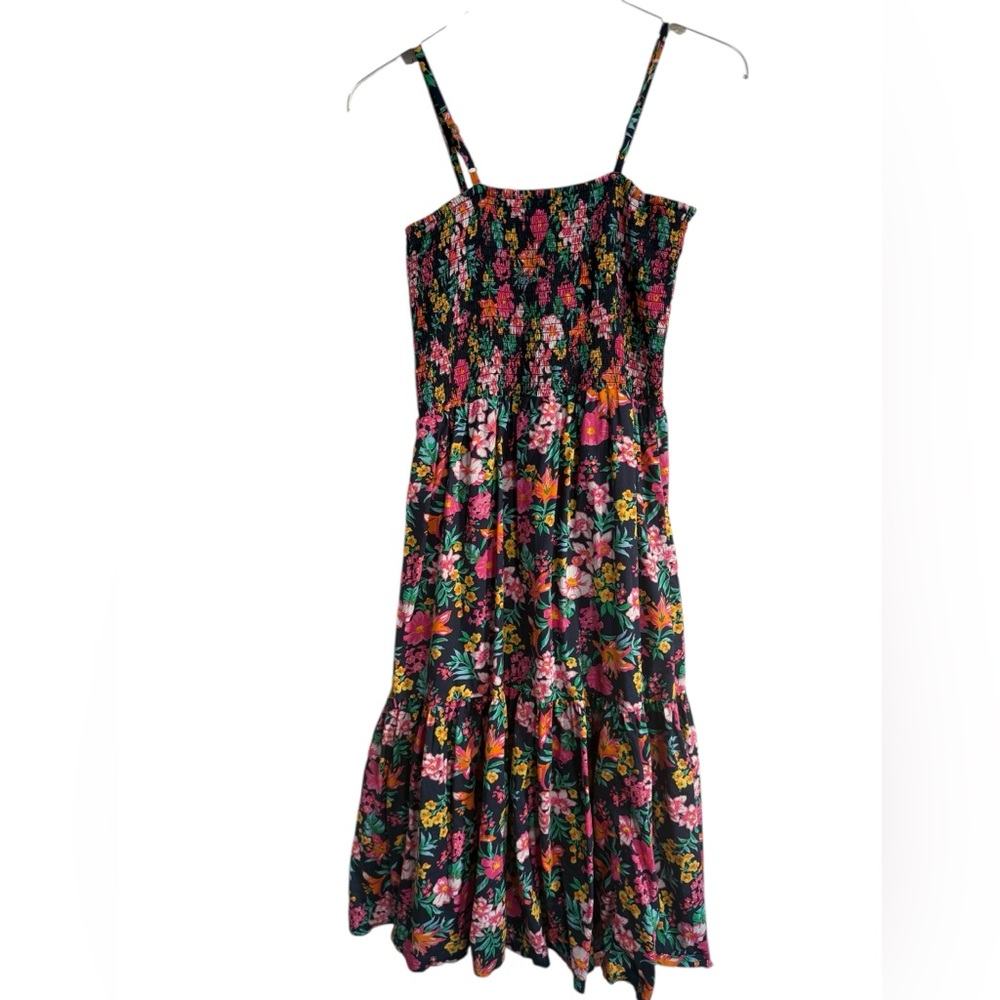 J Crew Floral Smocked Tiered Sleeveless A-Line Midi Dress Boho Navy Pink Size S - Picture 6 of 15